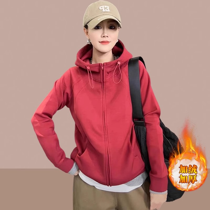 dhini2023秋冬季款女士上衣加绒加厚开衫拉链外套女装小个子外套