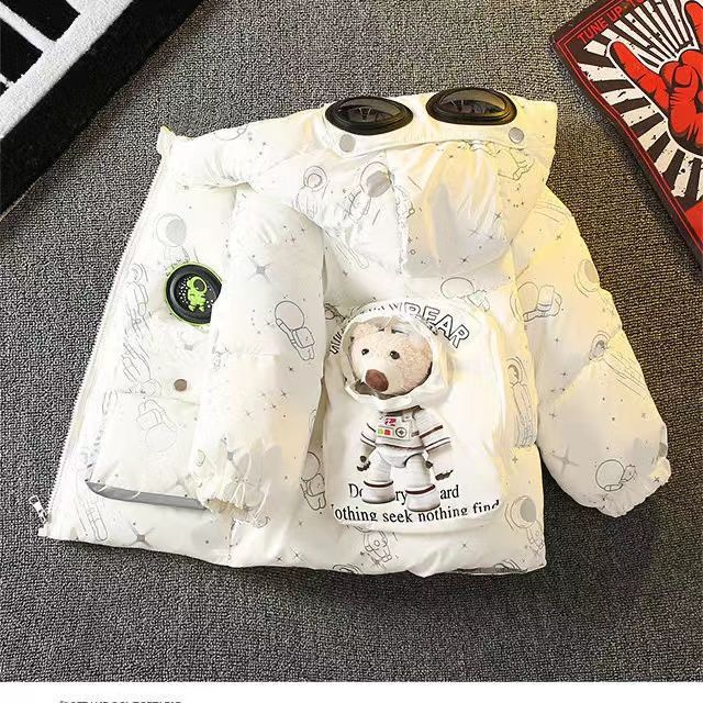 男童冬装2023新款儿童时尚加绒加厚棉衣太空小熊亮面短款免洗棉袄