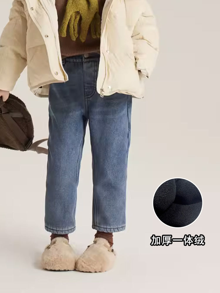 2023冬季新款儿童加绒百搭牛仔直筒裤宝宝洋气加厚一体绒烟管裤潮