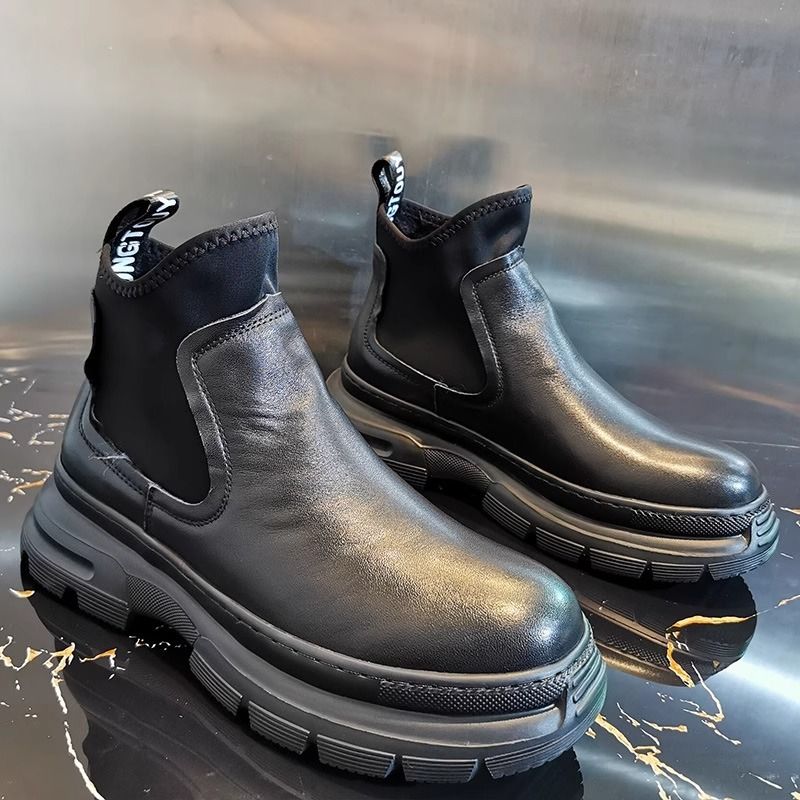 软皮软底男士马丁靴英伦风男厚底增高切尔西一脚蹬高帮韩版休闲鞋