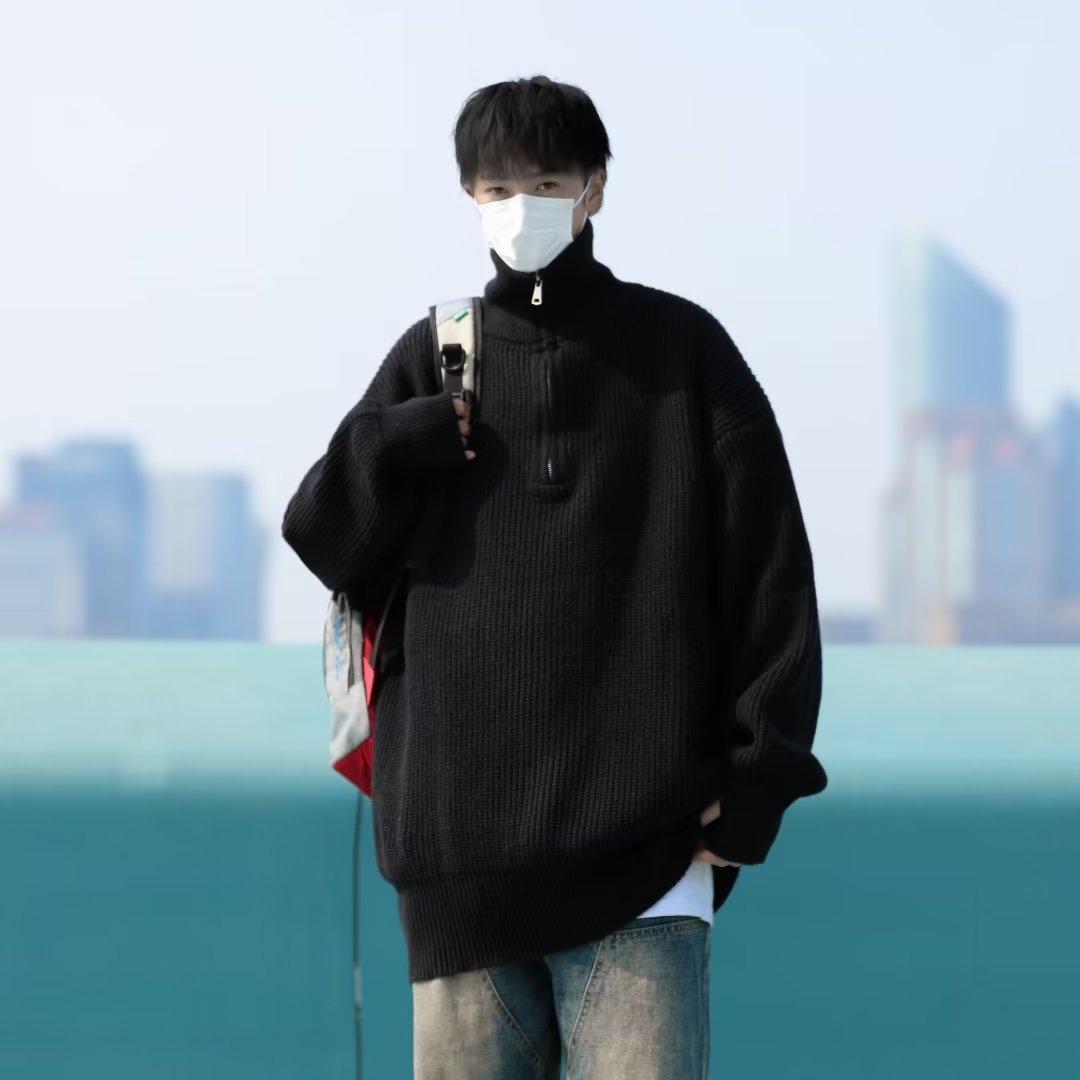 秋冬美式复古潮牌宽松休闲慵懒风套头针织衫外套半高领拉链毛衣男