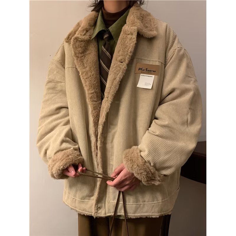 冬季加绒加厚羊羔绒百搭棉衣日系灯芯绒棉服宽松潮牌工装棉袄外套
