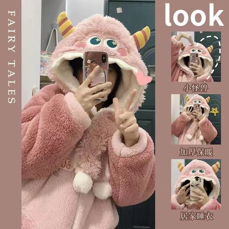【清仓爆款】珊瑚绒睡衣女冬季睡袍可爱加绒加厚款小怪兽韩版秋冬