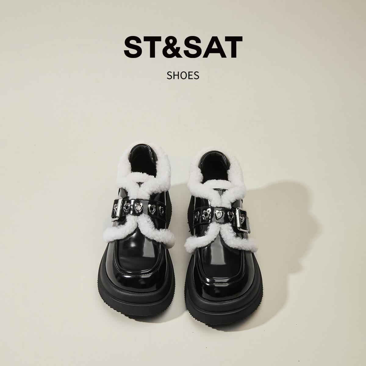 星期六/St&Sat小皮鞋女秋冬法式英伦黑色厚底法式外穿毛毛乐福鞋