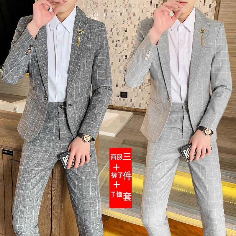 男士英伦风格子西服套装韩版精神小伙春装三件套夜场小西装外套潮