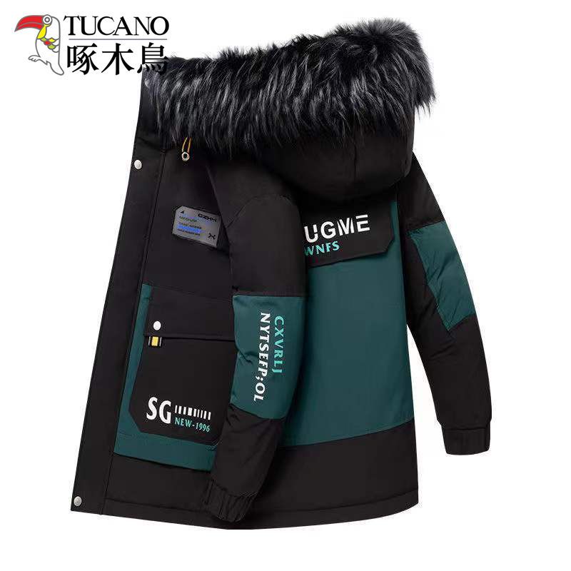 啄木鸟新款羽戎棉服男士毛领连帽韩版宽松撞色休闲棉衣中长款外套