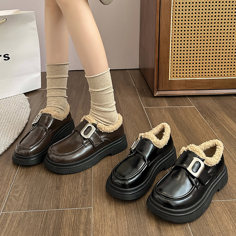 小皮鞋女英伦冬加绒外穿2023法式复古厚底黑色乐福毛毛保暖二棉鞋