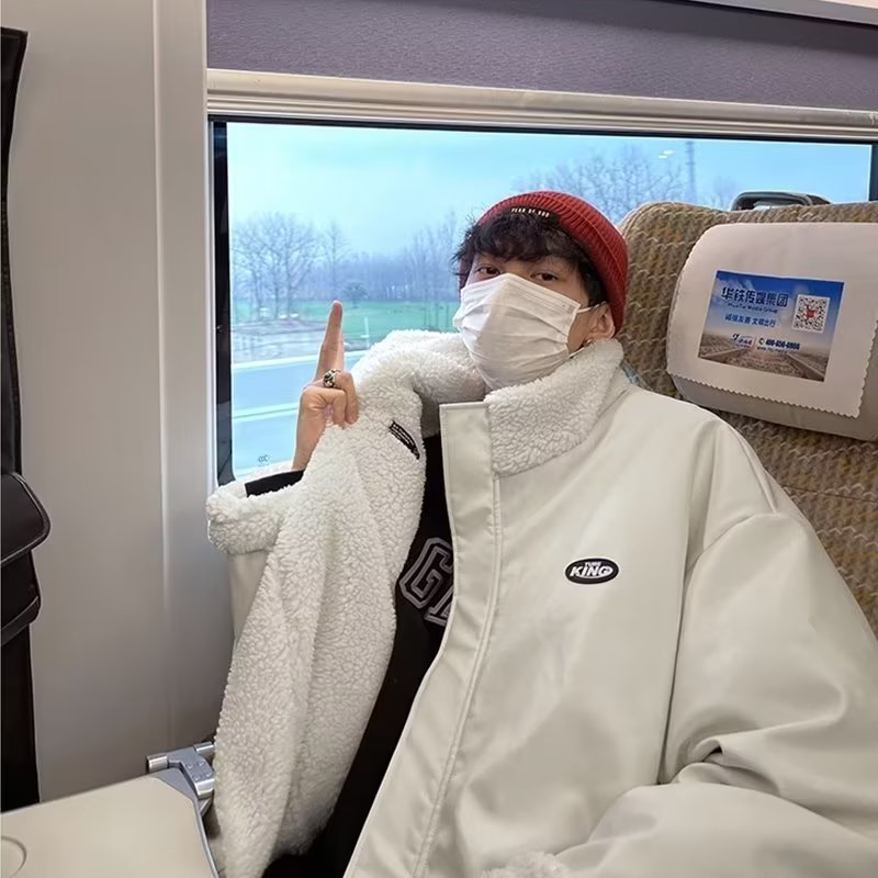 秋冬季两面穿棉服男士冬季新款痞帅羊羔绒外套潮牌宽松PU休闲百搭