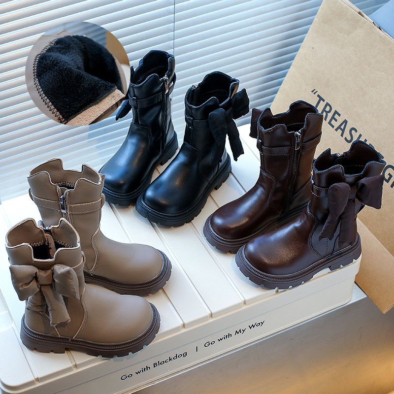 朵美巴拉巴拉宝宝加绒女孩公主棉靴时尚儿童中筒靴秋冬大蝴蝶结女