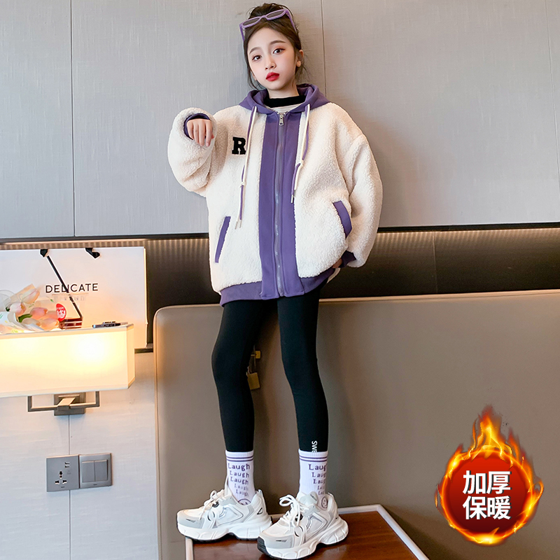 女童外套秋冬款拼色连帽儿童洋气毛毛衣女大童冬季羊羔绒夹棉上衣
