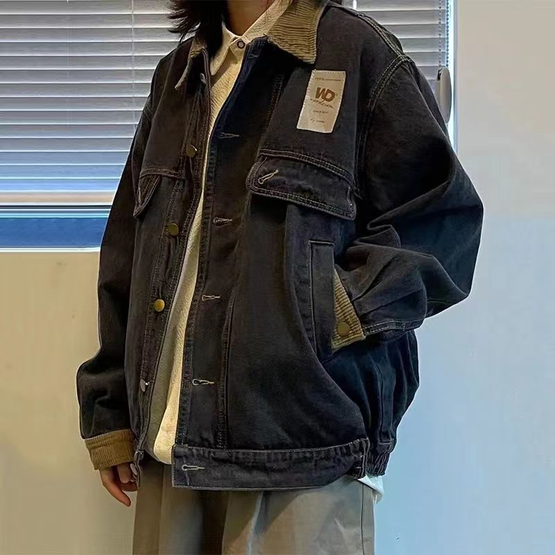 复古港风水洗做旧拼接牛仔外套女学生秋季款宽松工装百搭夹克上衣