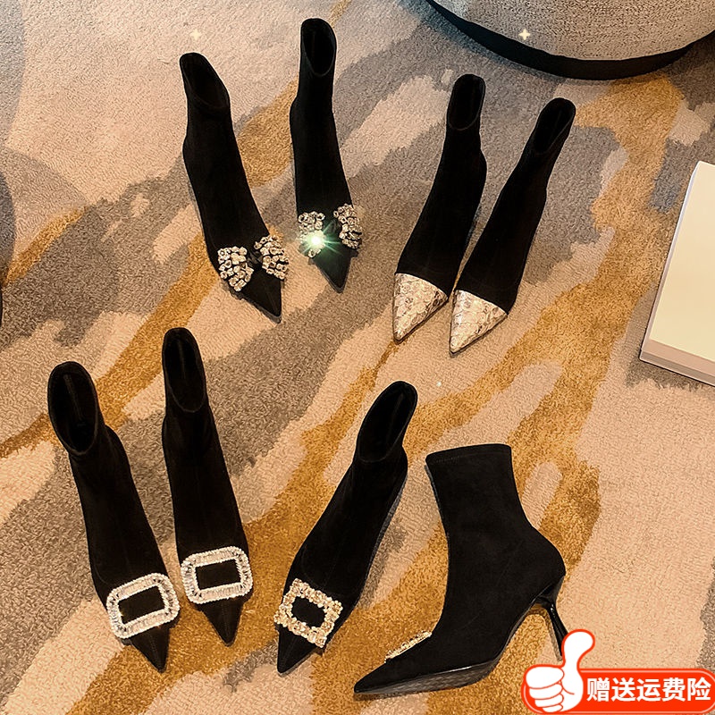 红蜻蜓牌法式尖头袜靴细跟高跟小短靴女2023新款春秋单靴弹力中跟