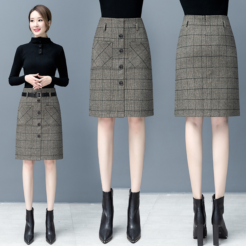 啄木鸟毛呢格子短裙女秋冬新款高腰小个子半身裙A字包臀裙一步裙