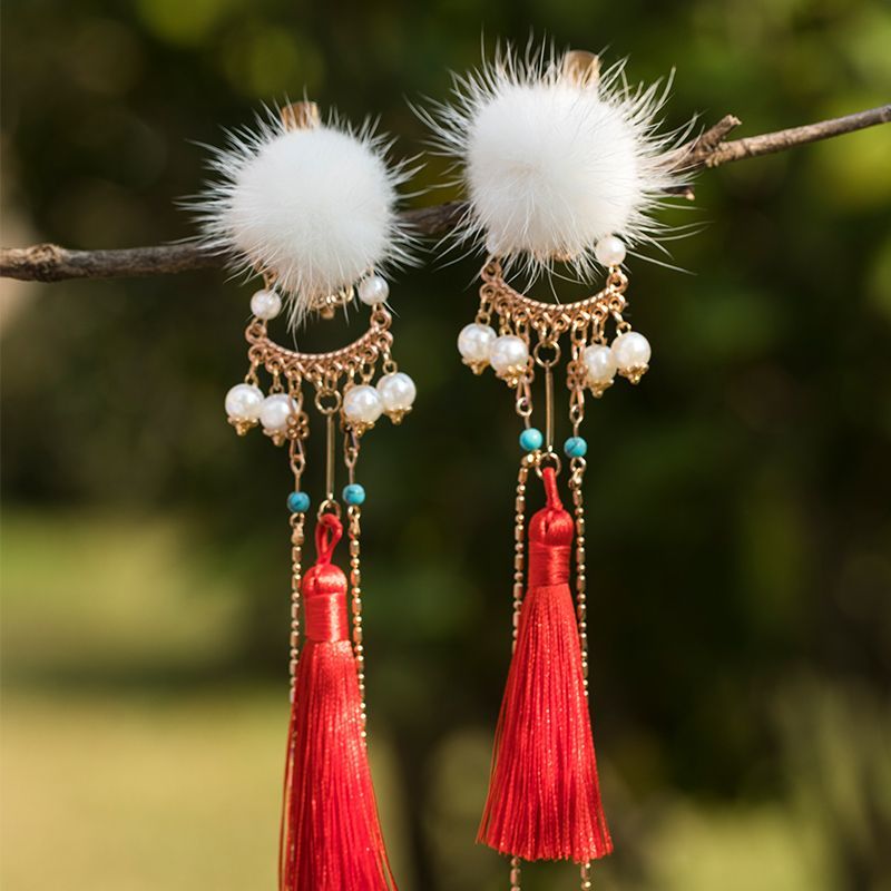 【洛神】古风发饰毛球流苏步摇发夹对夹可爱毛绒头饰儿童汉服发卡