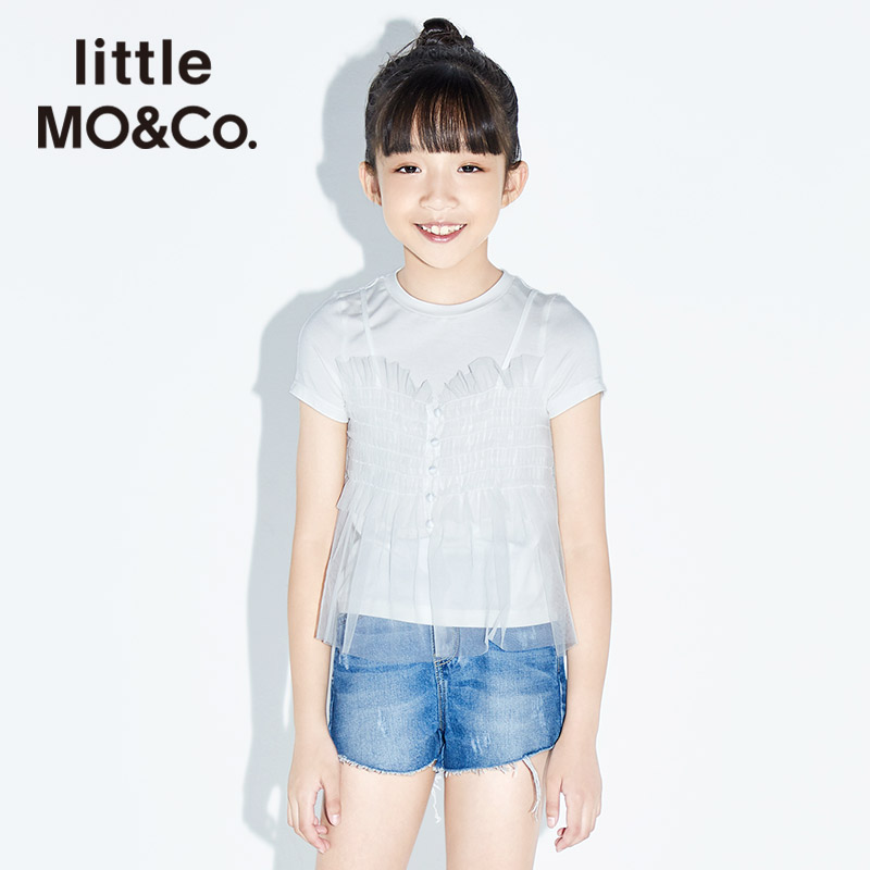little moco童装夏季女童新款假两件拼接网纱上衣圆领#KBO2TOP020