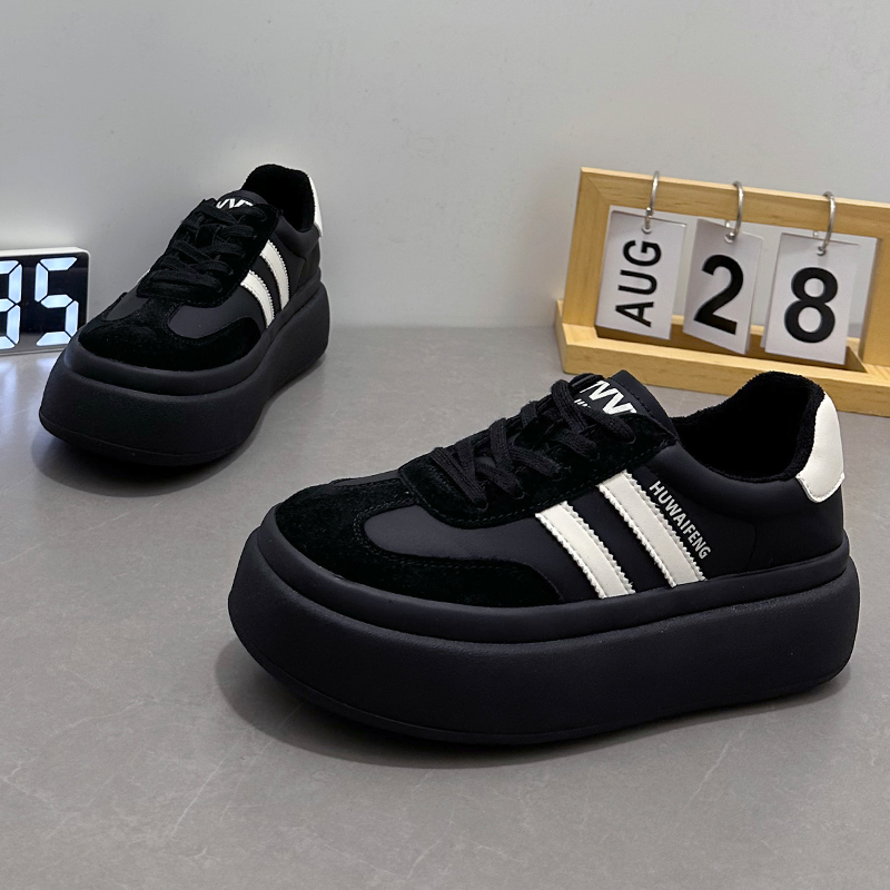 百丽纯爱厚底圆头面包鞋女2023秋冬新款经典款黑色板鞋加绒棉鞋百