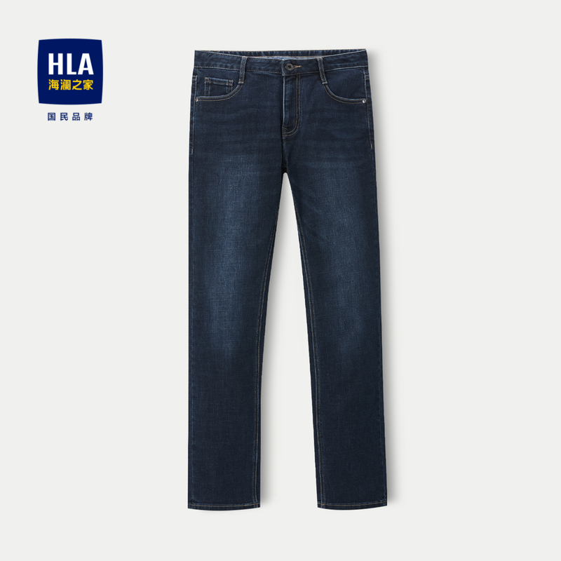 HLA/海澜之家中腰舒适简约直筒刺绣经典男士牛仔裤