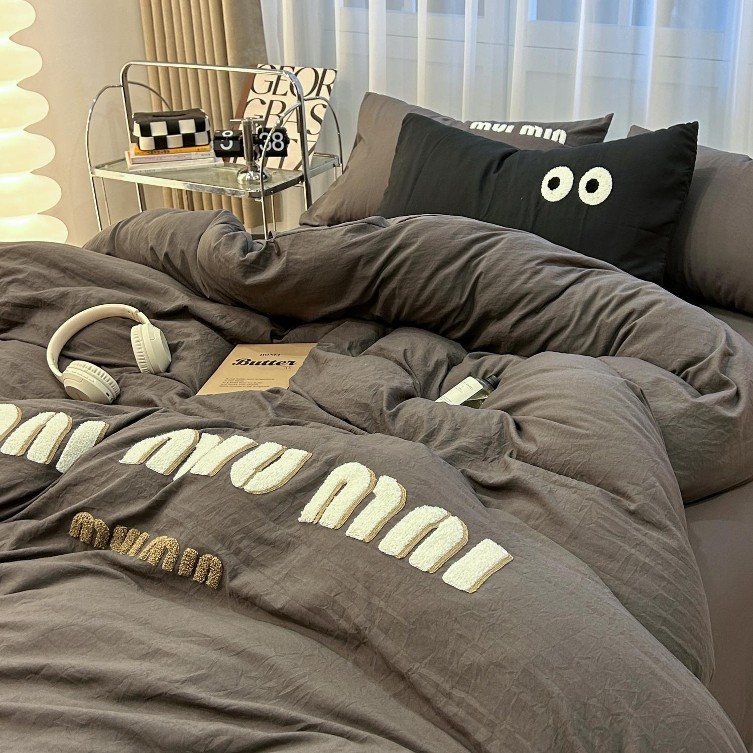 ins简约小清新毛巾绣纯色水洗棉四件套公主风被套床单宿舍三件套