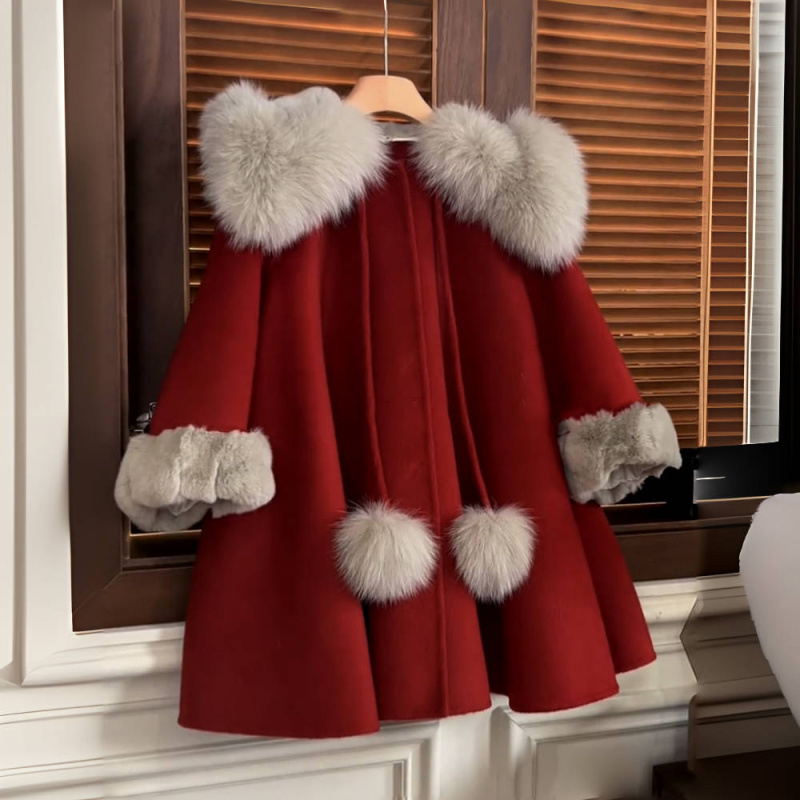 女童呢大衣秋冬2023新款儿童新年服装加绒外套女孩加厚拜年服洋气