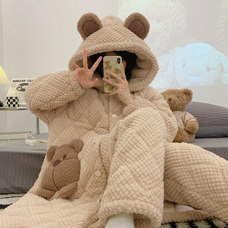 秋冬季加绒加厚三层夹棉卡通连帽女款长款睡袍睡衣家居服保暖套装