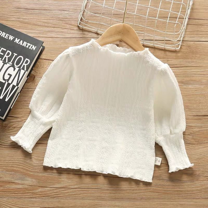 2023新款女童纯色打底衫女童洋气泡泡袖上衣宝贝韩版套头打底时尚