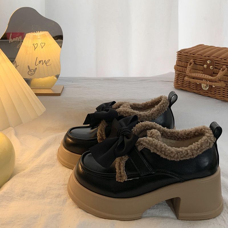 新款玛丽珍小皮鞋2023秋冬新款时尚蝴蝶结高跟秋冬款加绒棉鞋b