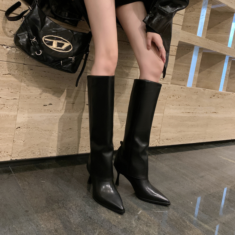 奢品红色靴子女长靴不过膝冬季尖头细跟高跟性感裤管靴真皮高筒骑