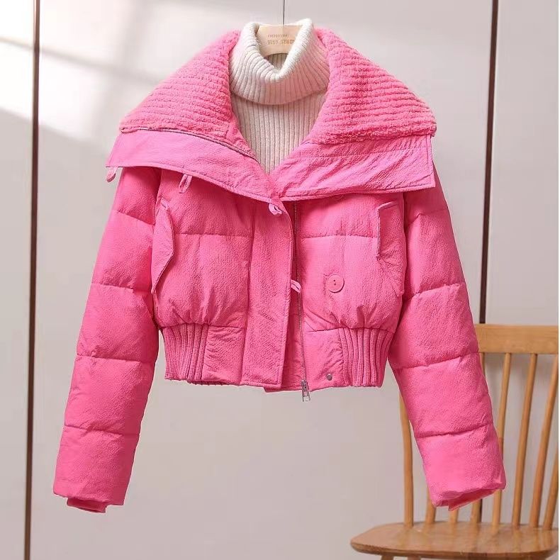 2023年新款高腰棉服女短款小个子翻领拼接冬季棉袄外套