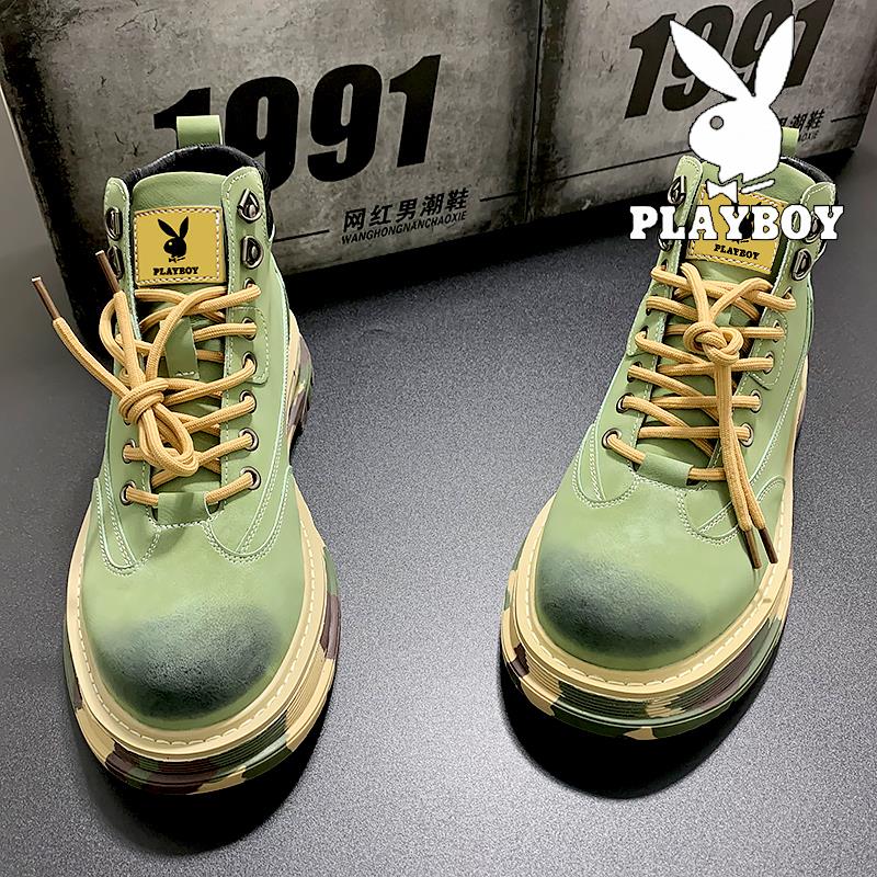 PLAYBOY马丁靴男款冬季2023新款高筒骑行工装靴秋季增高中筒皮鞋