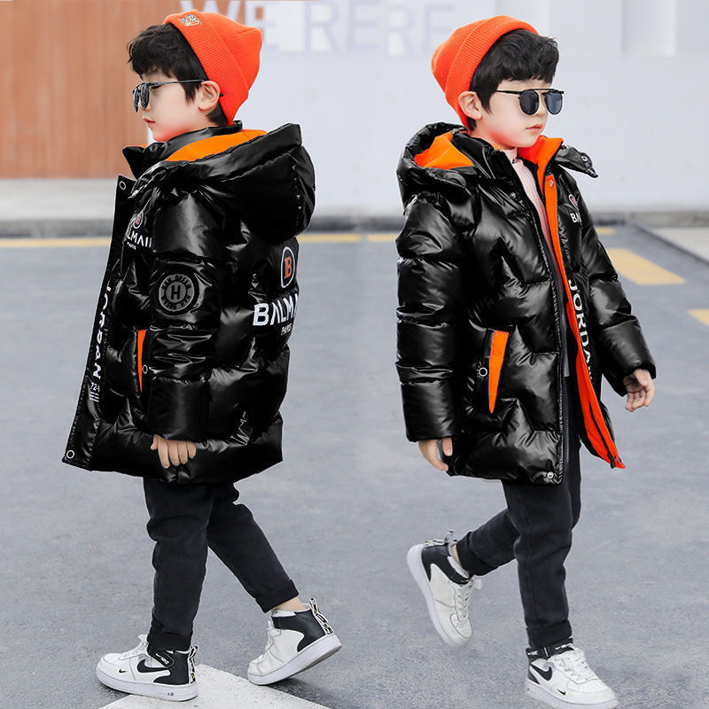 雅鹿免洗加绒男童棉服冬装新款中大童亮皮棉袄儿童中长款羽绒棉衣