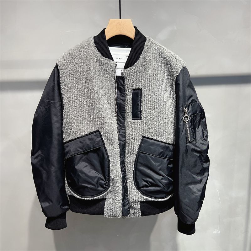 小扬哥专属冬季新款加厚羊羔绒拼接棒球服夹克男士韩版潮流宽松飞