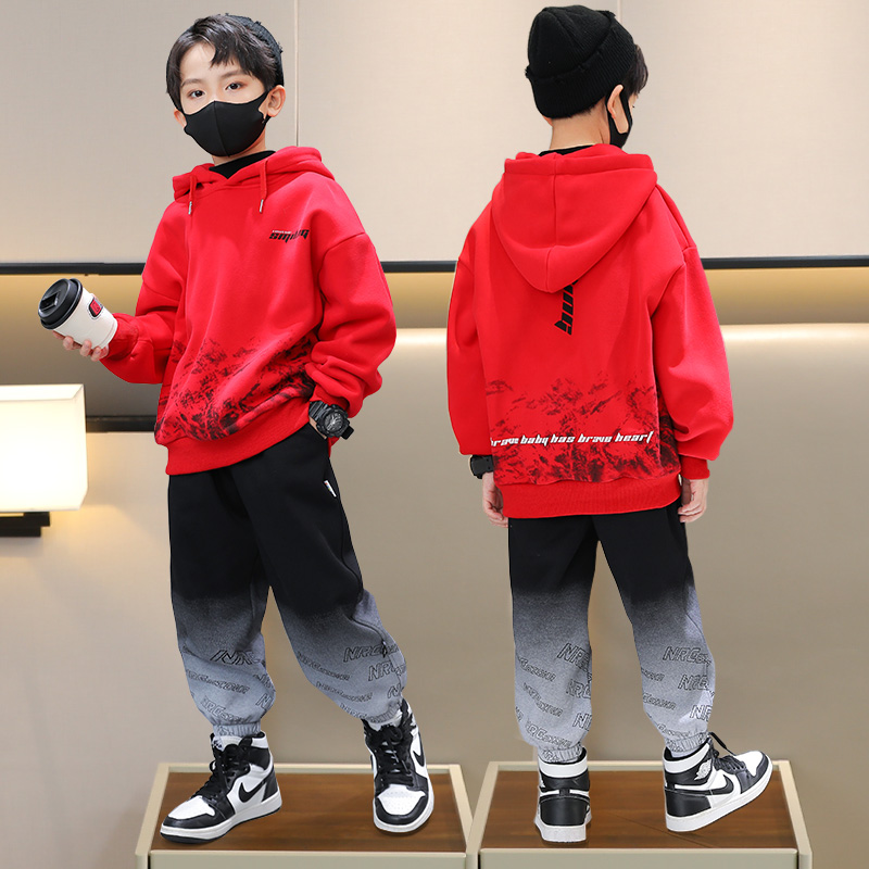 儿童冬装套装加绒加厚中大童2024新款冬季连帽卫衣男童红色拜年服