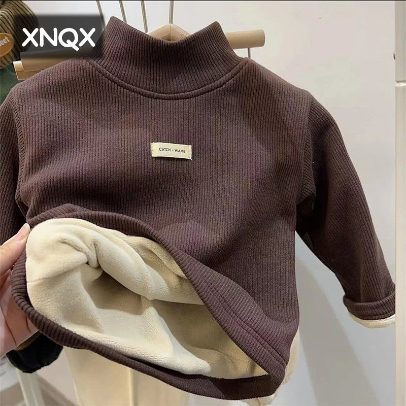 米乐熊童装XNQX 男女中小儿童装薄款内搭冬加绒超厚坑条打底衫T恤
