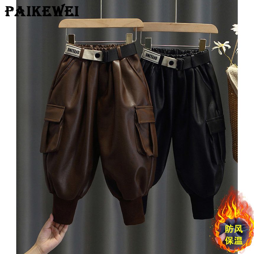 米乐熊童装男女童皮裤冬季加绒加厚一体绒儿童长裤子防风保暖宝宝