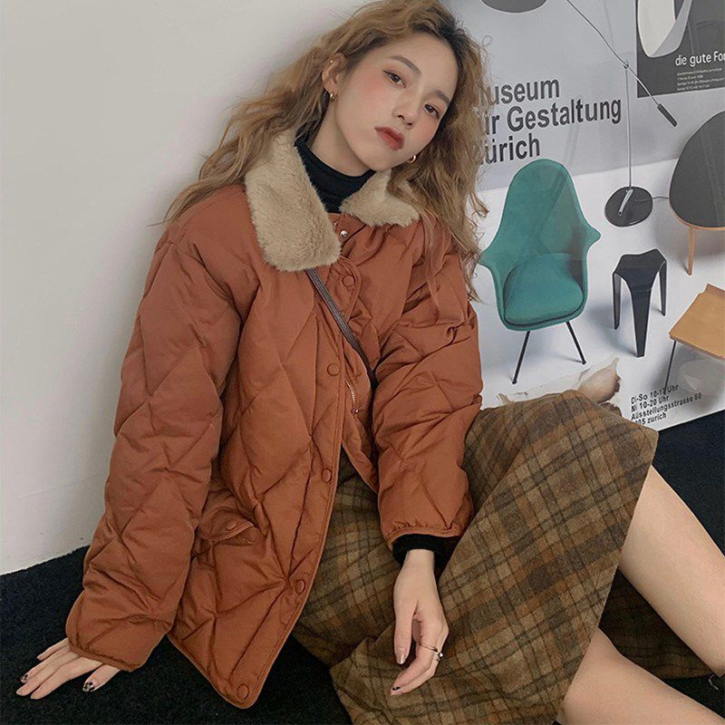 宽松菱格面包服2024年秋冬拼接毛领保暖加厚羽绒服外套女设计感款