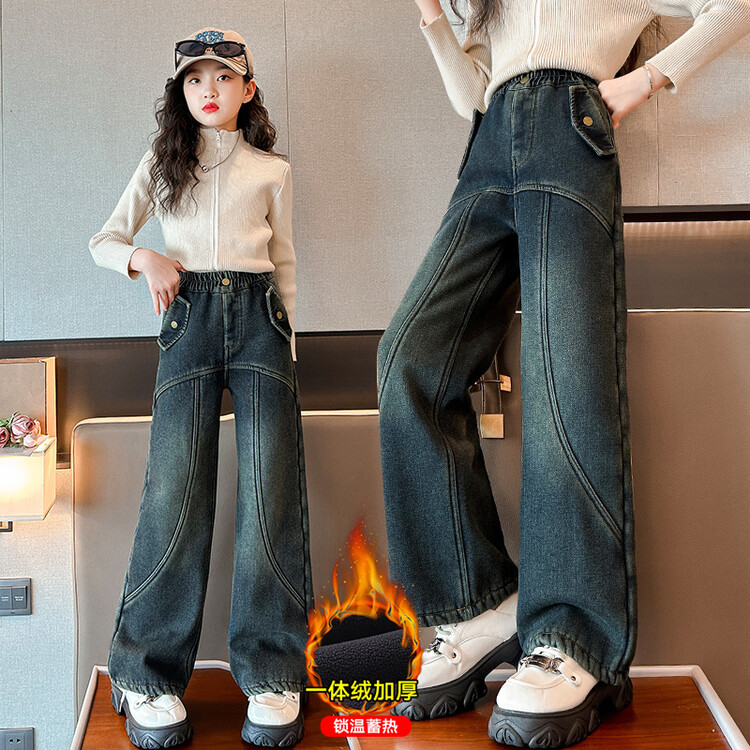 一体绒拼接复古牛仔阔腿裤儿童美式女童连衣裙加绒加厚直筒裤女童