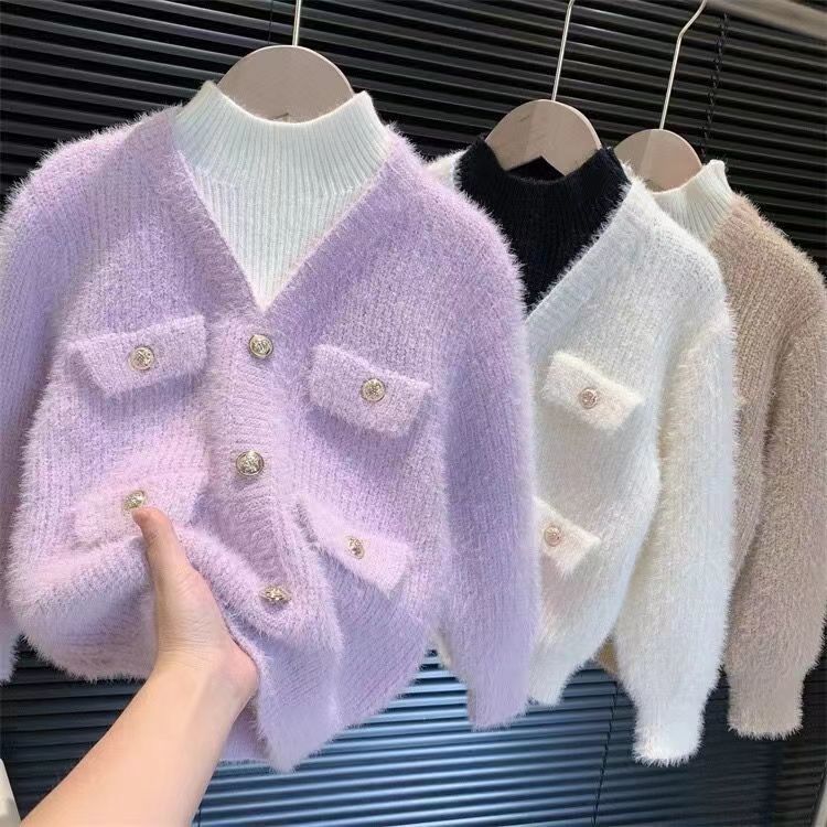 女童秋冬装2023年新款韩版时尚儿童假两件小女孩排扣针织长袖毛衣