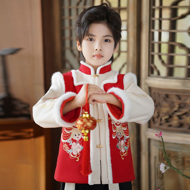 汉服男童拜年儿童中国唐装新款龙年喜庆过年日常加绒加厚套装