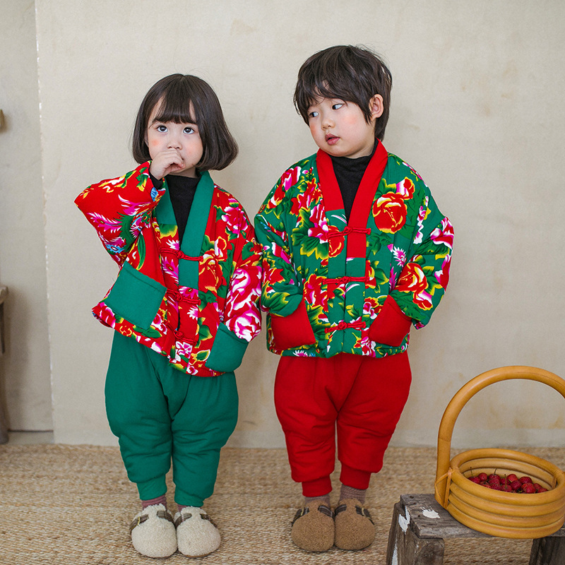 复古民族风男女儿童冬加厚棉袄新年唐装大花宝宝拜年棉衣套装