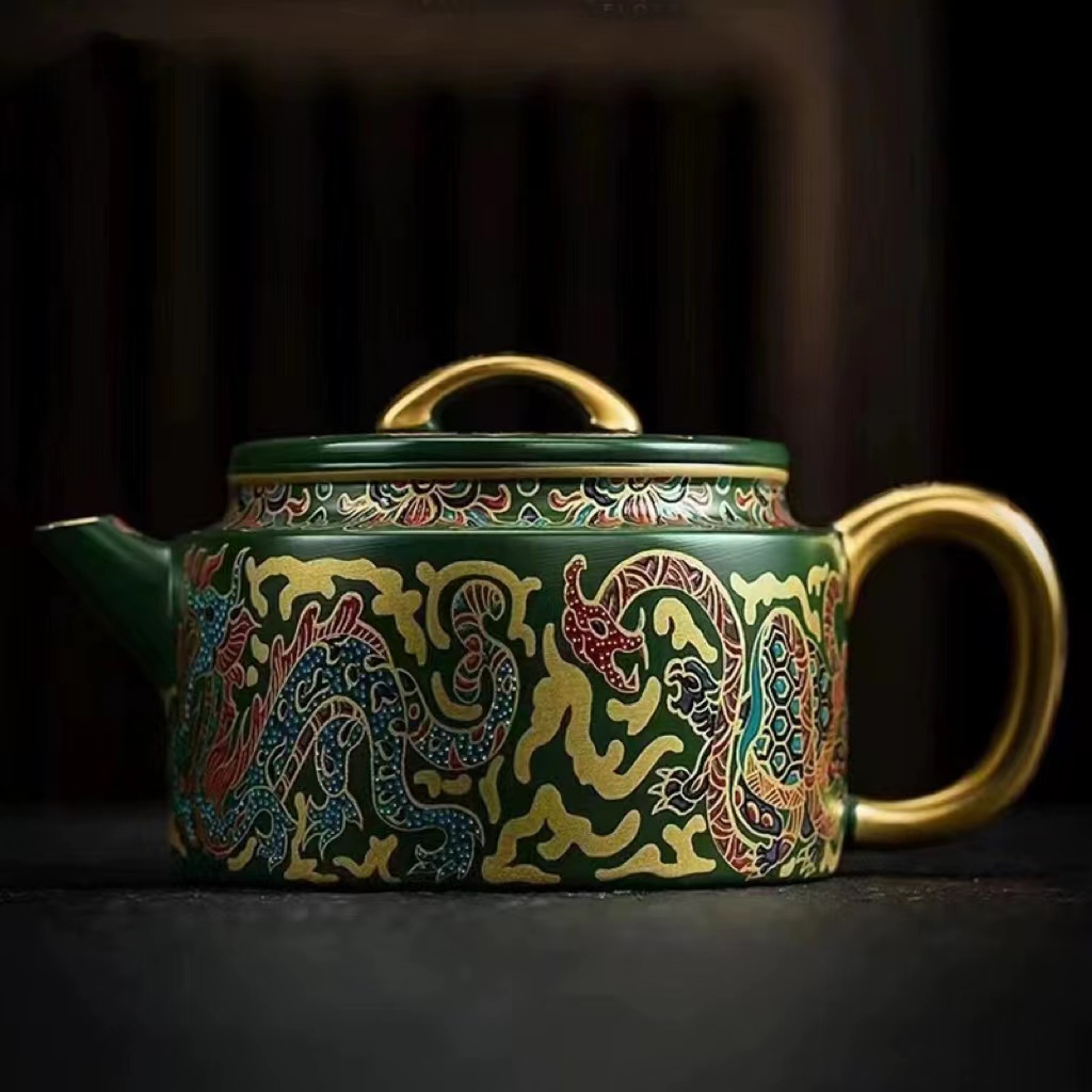 紫砂德钟壶24K鎏金手工陶瓷泡茶壶敦煌壁画周鸿杰原矿绿泥大口径