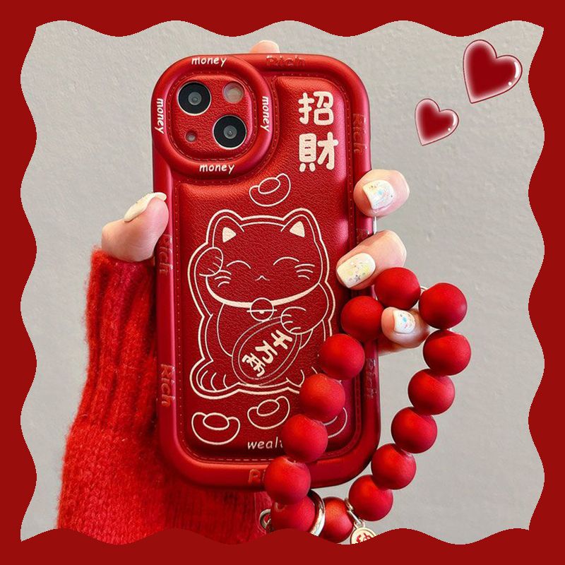 苹果14手机壳新款女iPhone15promax气垫皮质酒红色13招财猫财神爷