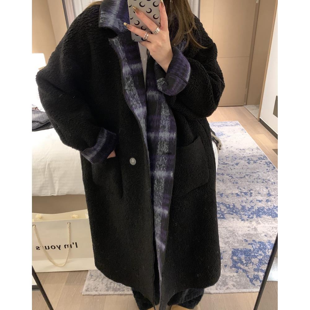 冬季韩版宽松格纹加厚羊羔毛呢子外套女正反两面穿小个子大衣长版