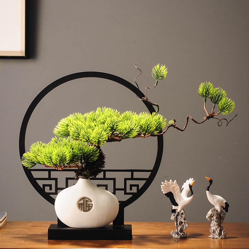 中式仿真迎客松盆景屏风摆件客厅装饰品玄关柜办公室景观酒店造景