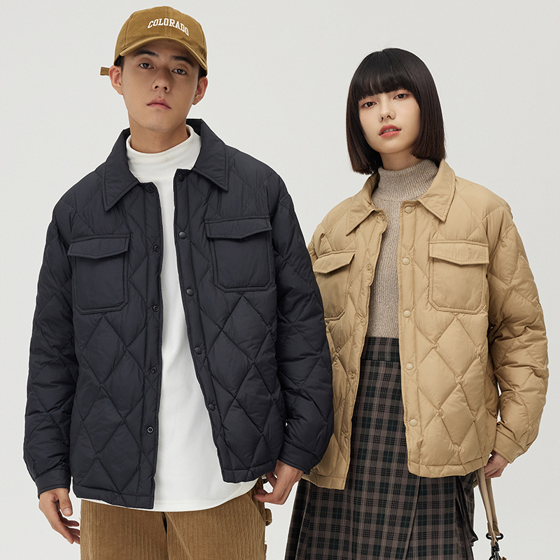 波司登冬季爆款90鸭绒羽绒服男女情侣短款菱形格衬衫领夹克加厚保