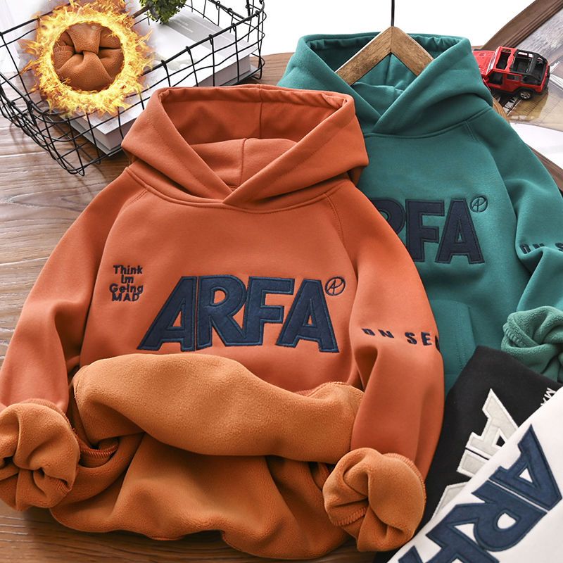 男童加绒卫衣秋冬新款中大童一体绒加厚男孩连帽长袖卫衣