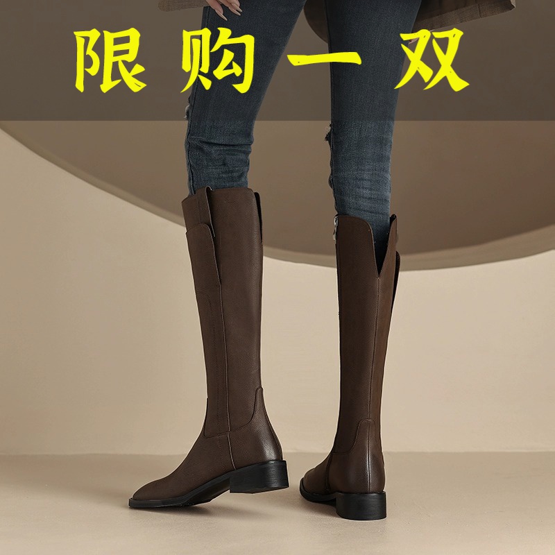 红蜻蜓牌真皮粗跟骑士长靴过膝长筒女鞋2023秋冬季复古方头百搭