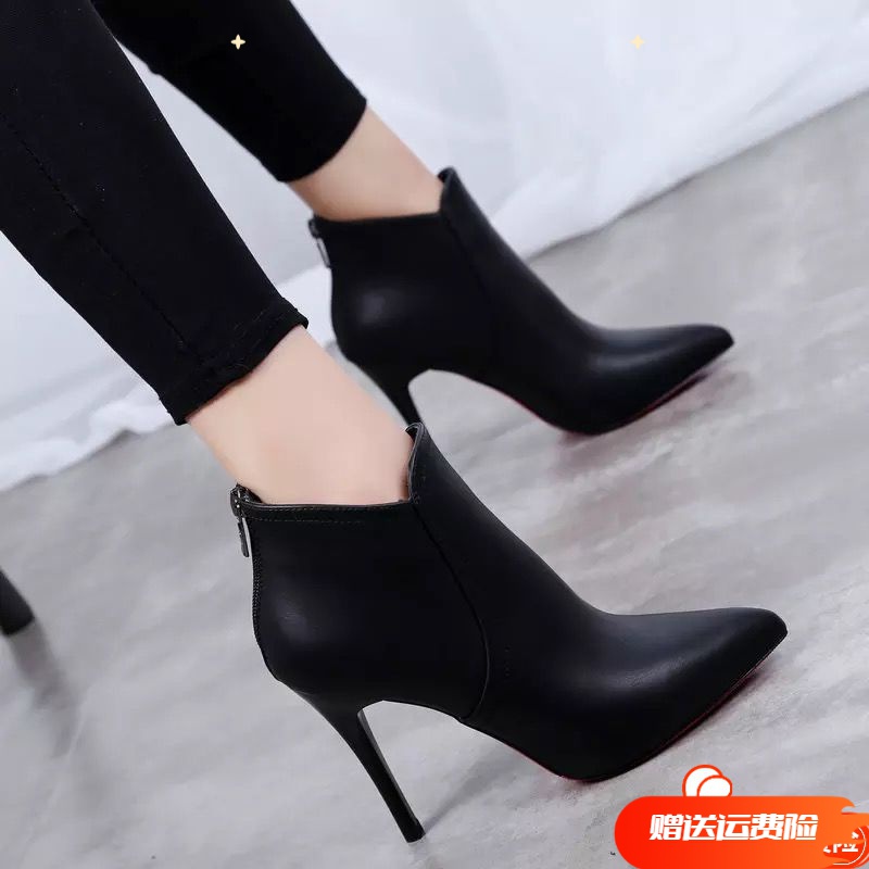 红蜻蜓牌鞋子女2023新款高跟细跟女靴尖头短靴后拉链马丁靴女鞋