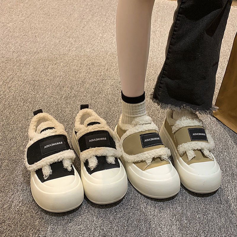 小众魔术贴二棉鞋女冬加绒棉鞋子新款厚底丑萌大头小加厚保暖