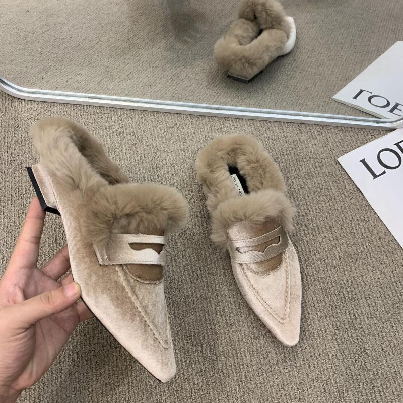 百丽纯爱尖头毛毛鞋女冬外穿加绒厚底网红包头半拖鞋黑色懒人一脚