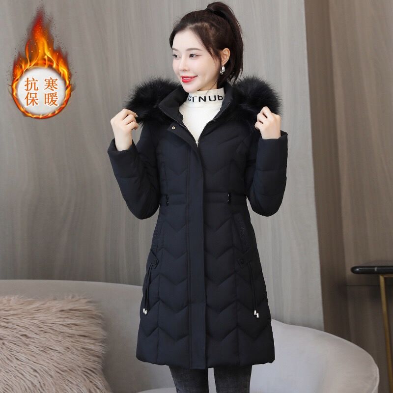 简型中长款羽绒服女2023冬季新款修身显瘦棉袄加厚保暖大毛领棉
